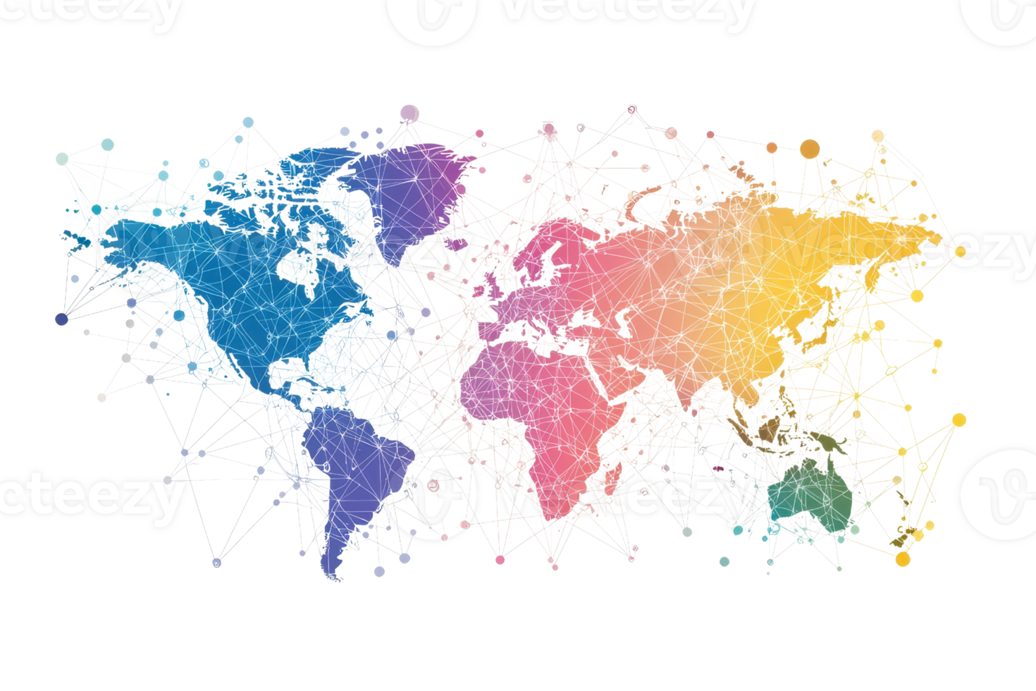 A colorful, artistic representation of a world map with intricate lines connecting various regions, symbolizing global connectivity and relationships. png