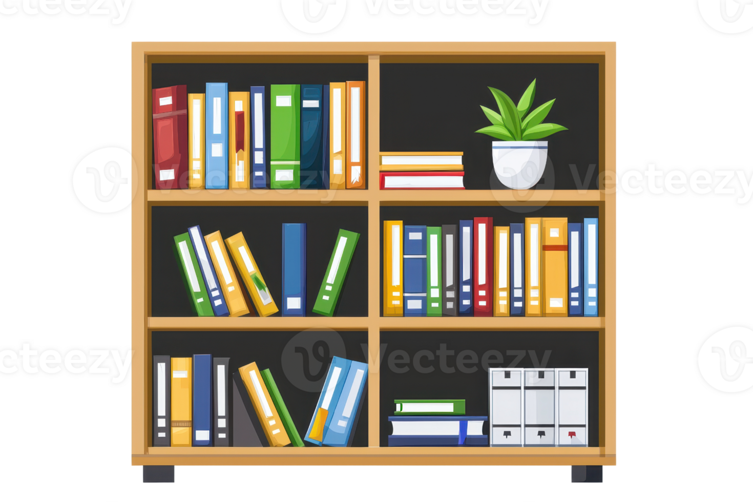 A wooden bookshelf with colorful books, binders, and a potted plant. png