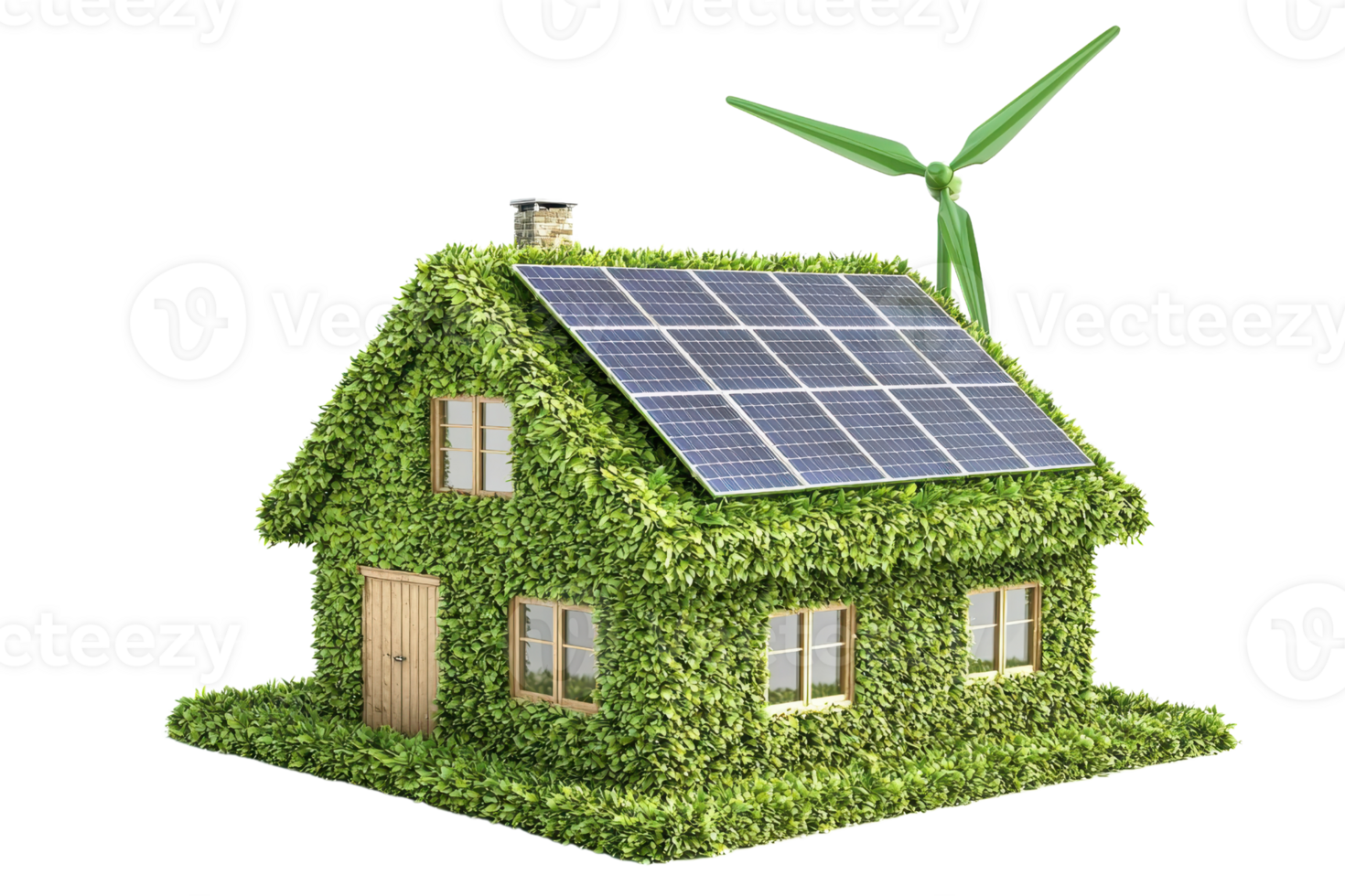 A house covered in greenery with solar panels on the roof and a wind turbine, representing eco-friendly energy solutions. png