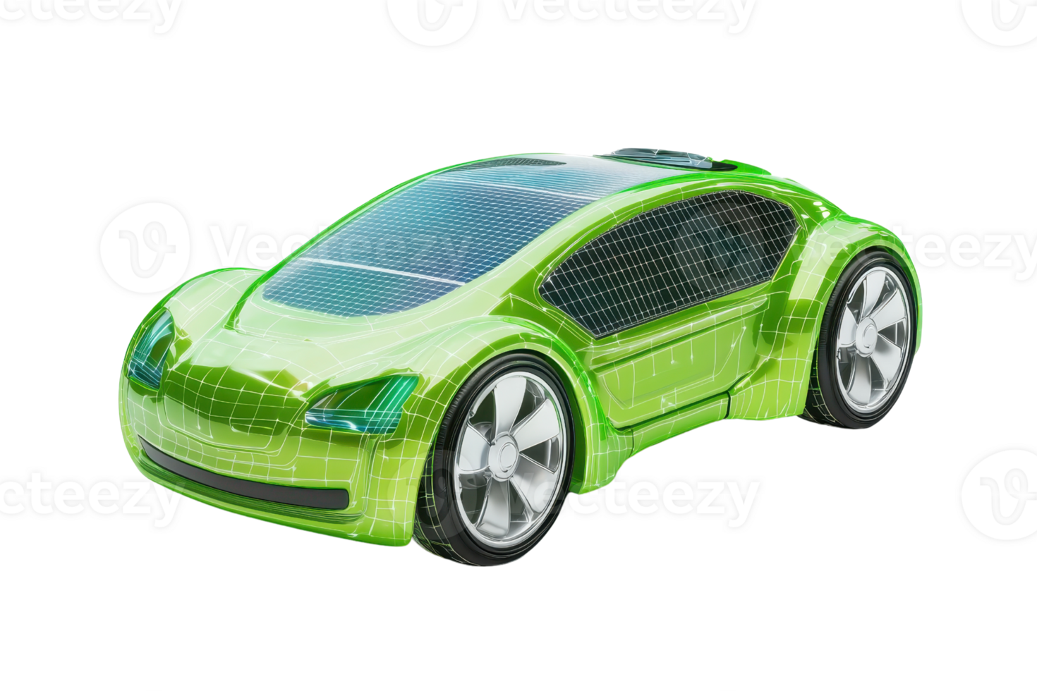 A sleek, green toy car designed with solar panels for sustainability and innovative play. png