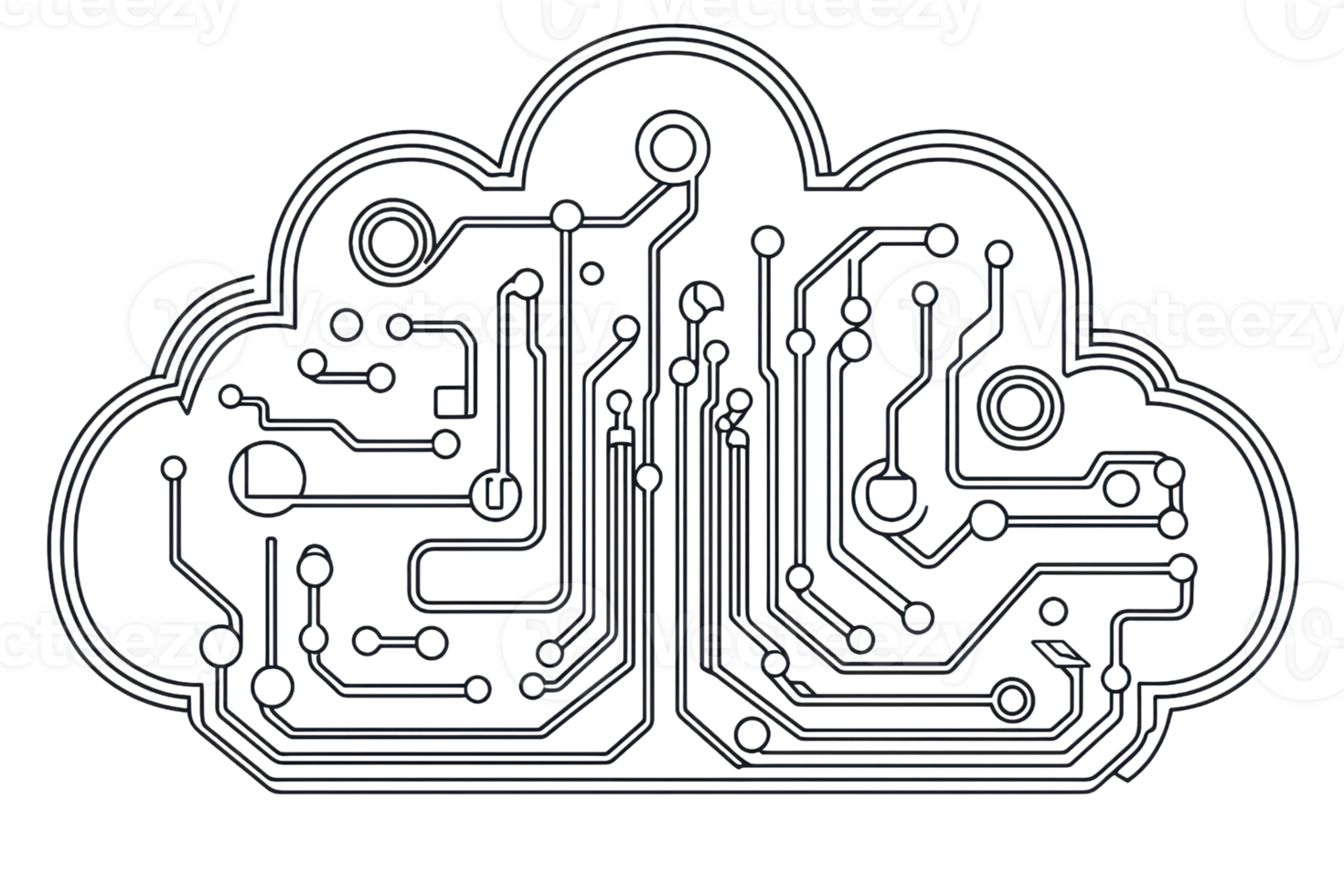 A stylized cloud design featuring intricate circuit patterns, symbolizing connectivity and technology. png