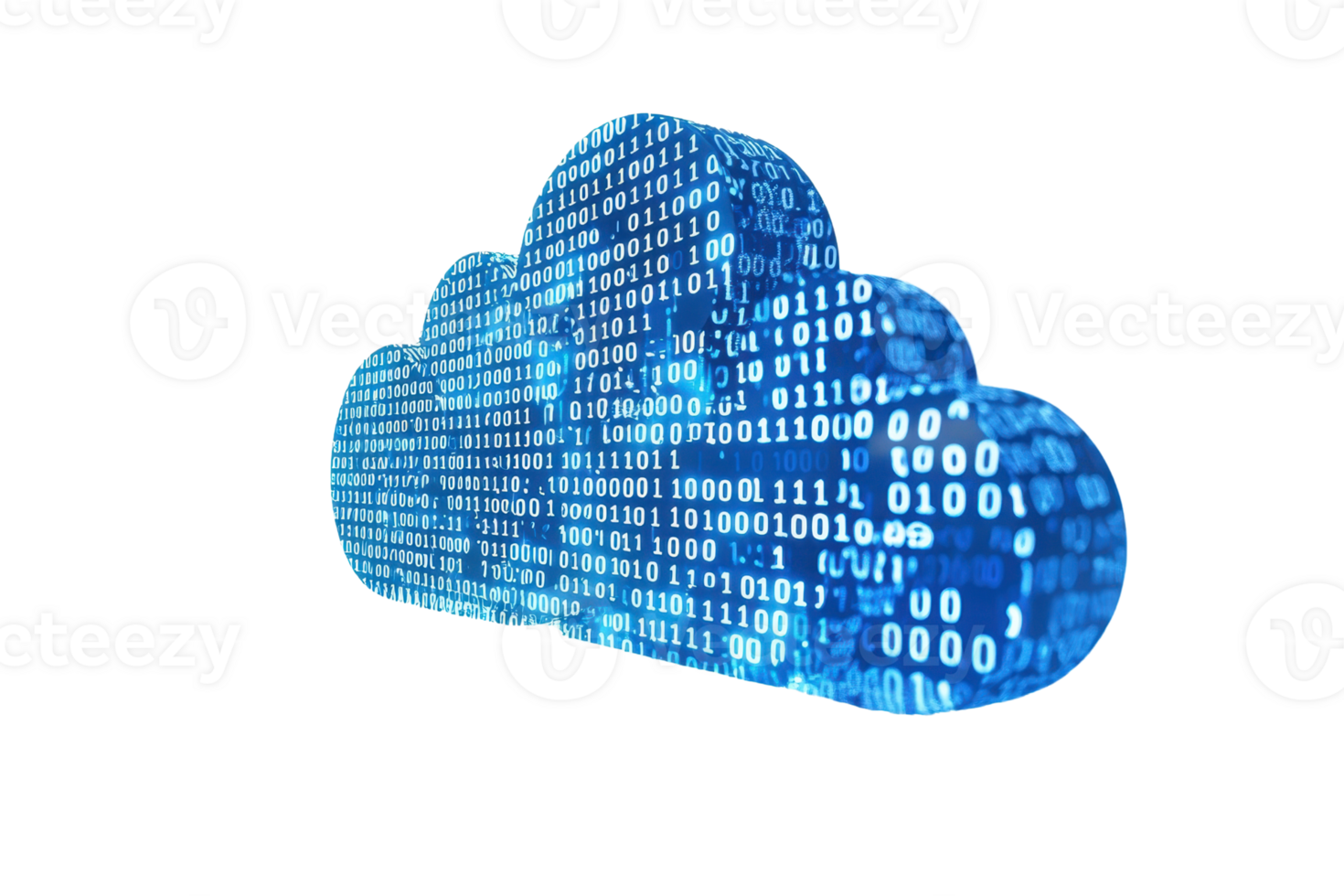 A digital cloud composed of binary code, symbolizing data storage and cloud computing, glowing in shades of blue. png
