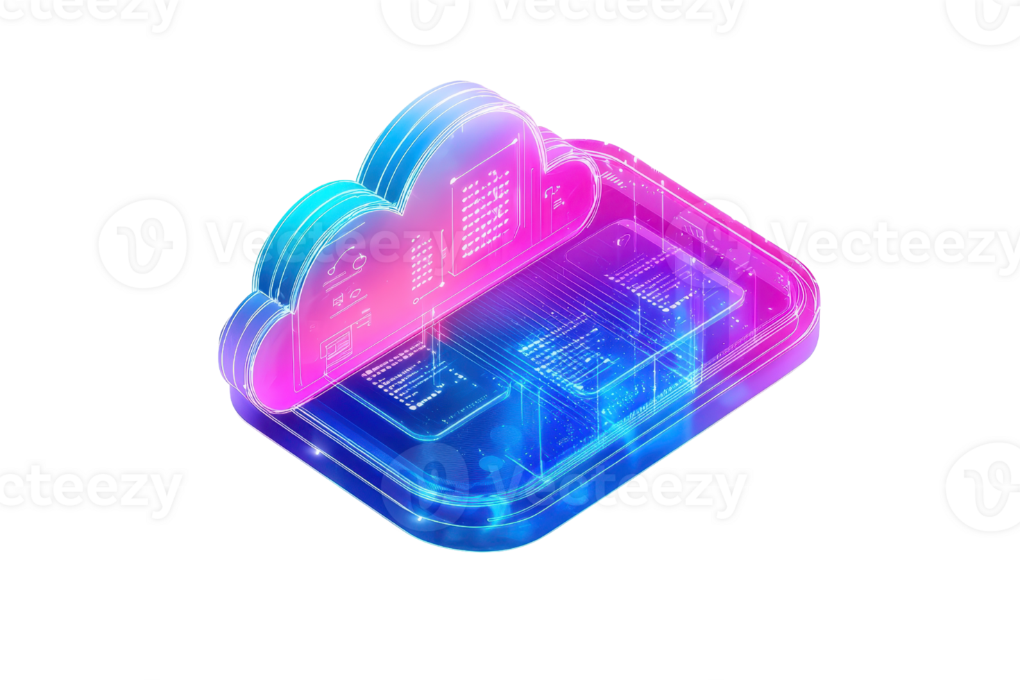 A colorful cloud-shaped design with digital elements, representing technology and data storage concepts. png