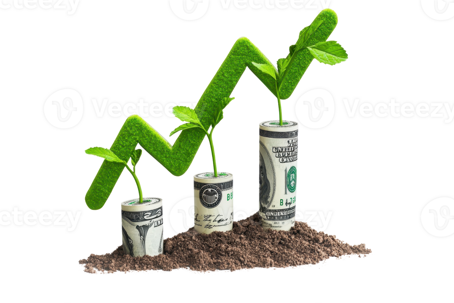 A growth chart features dollar bills sprouting plants, symbolizing financial growth and sustainability. png