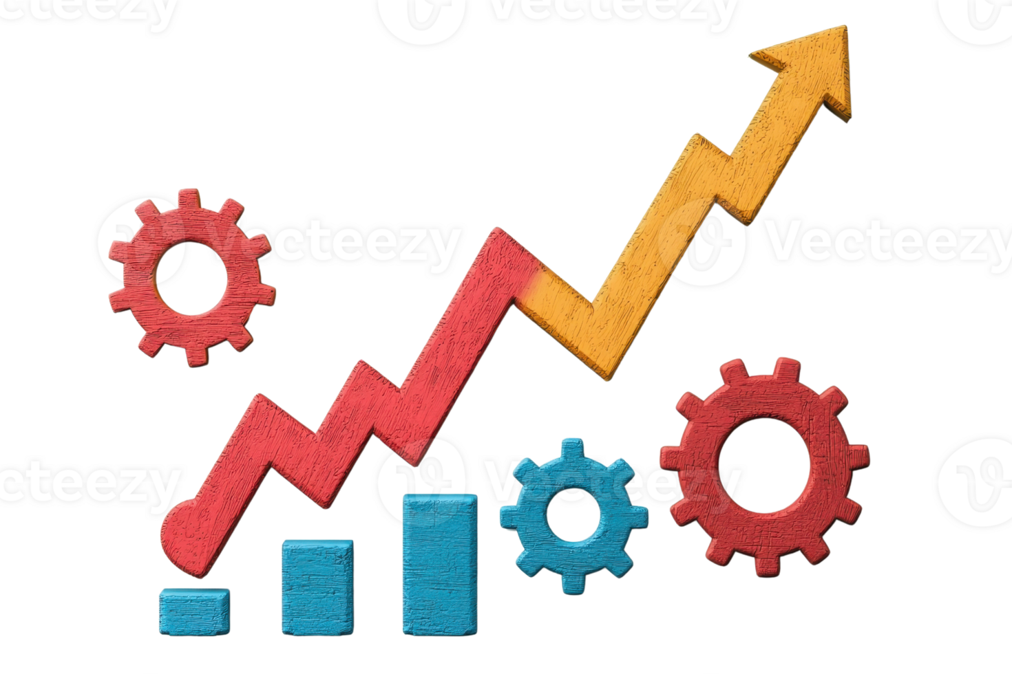 A vibrant graph illustration indicating growth, featuring an upward arrow alongside colorful gears and bar charts, symbolizing progress and analytics. png
