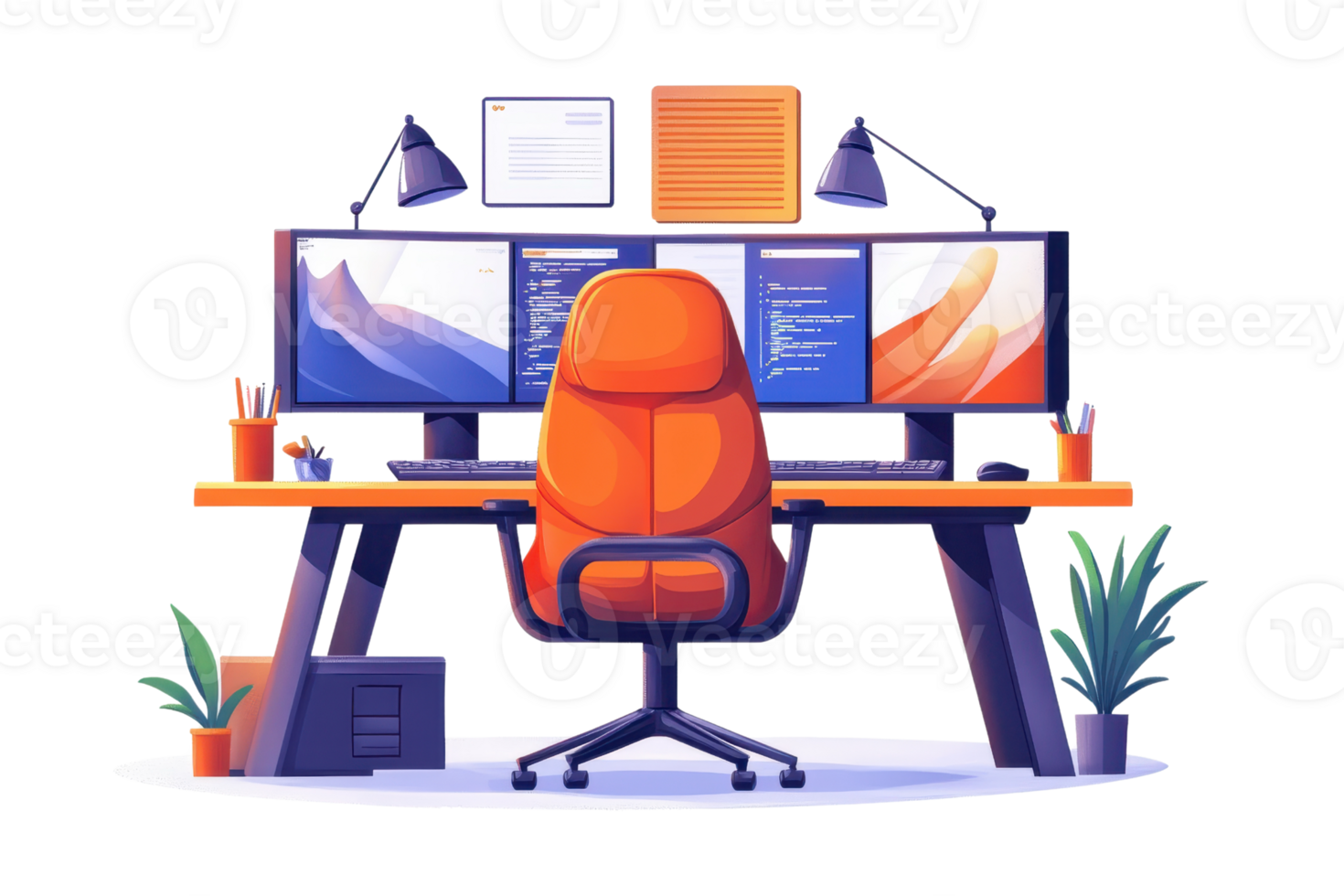 A modern workspace featuring a desk with dual monitors, an ergonomic orange chair, and decorative plants. png