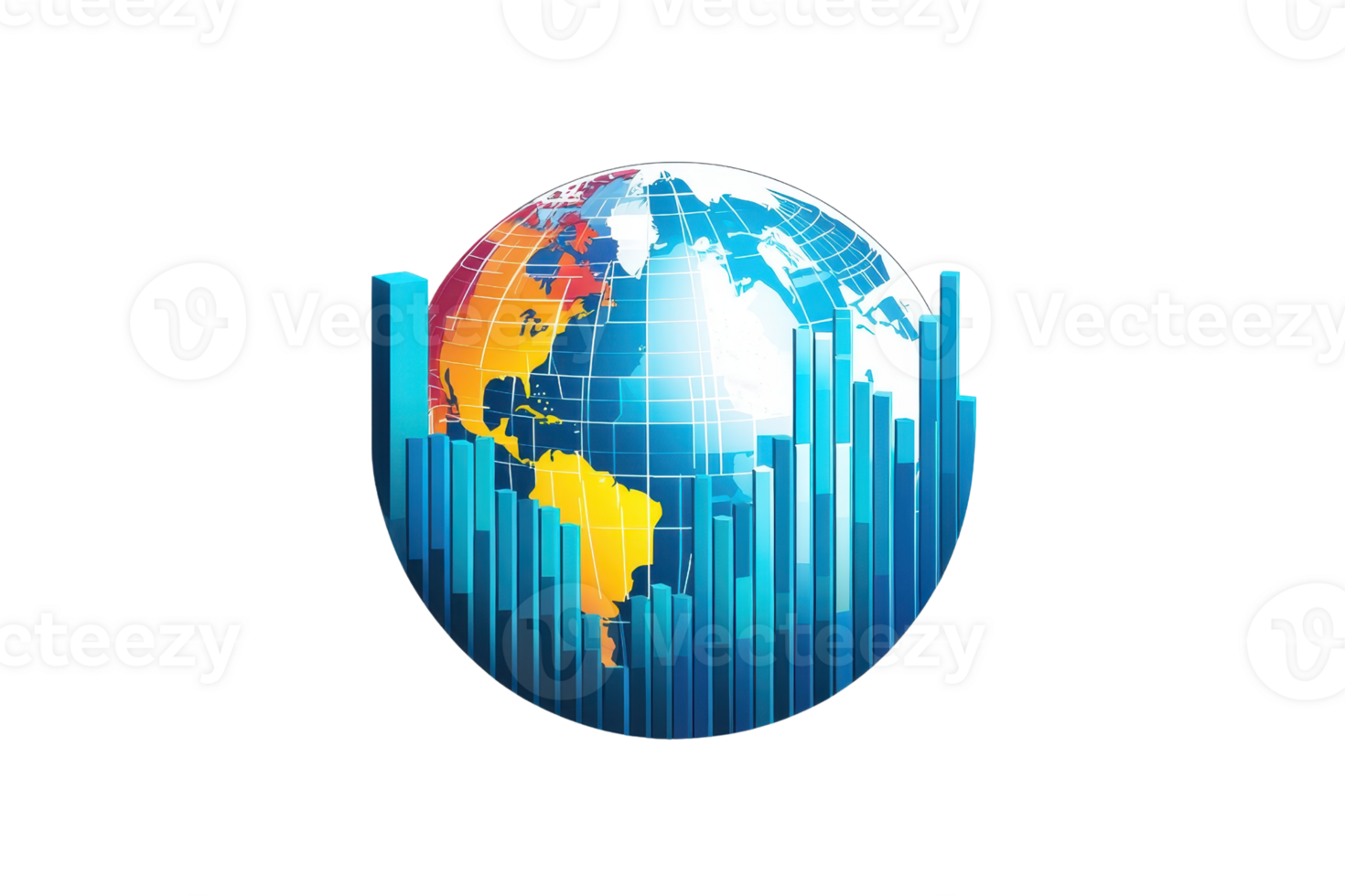 A colorful globe featuring continents and rising bars, symbolizing data, growth, and global connectivity. png
