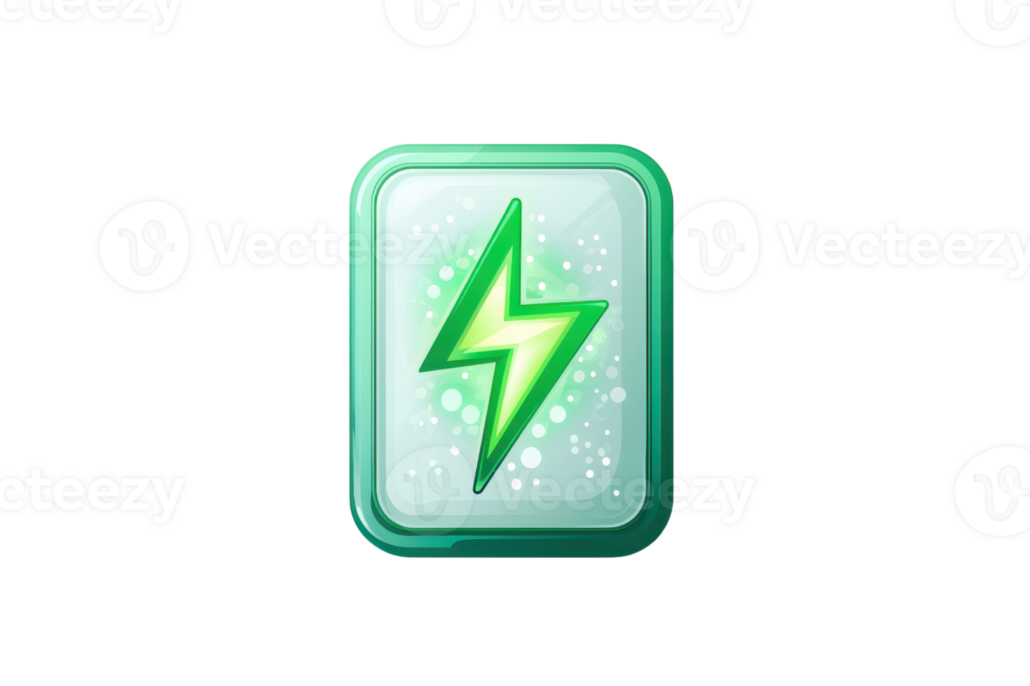 A shiny green lightning bolt icon in a square frame with a soft bubble pattern signifies energy or power. png