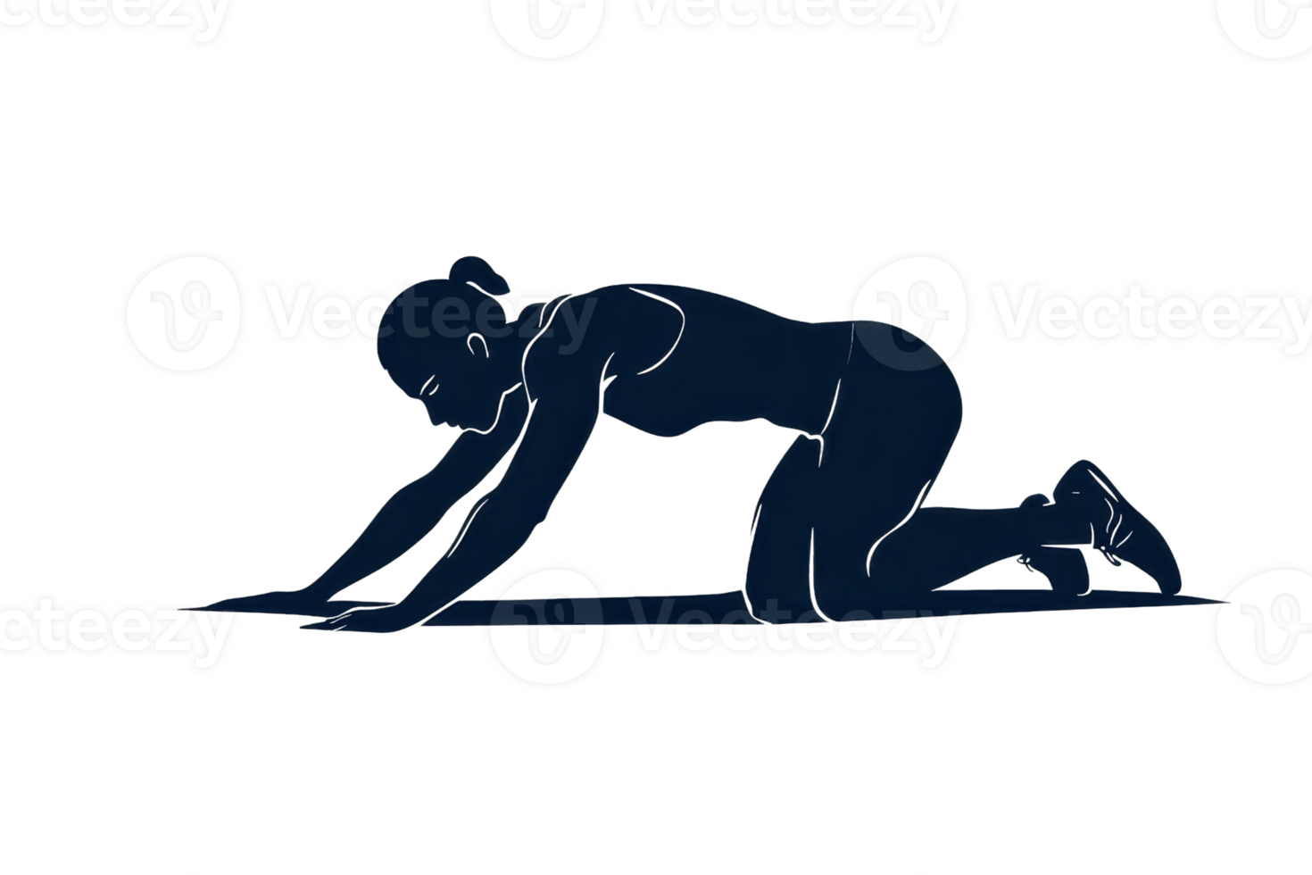 A figure in a crawling position, engaging in a stretching or warming-up exercise, emphasizing flexibility and movement. png