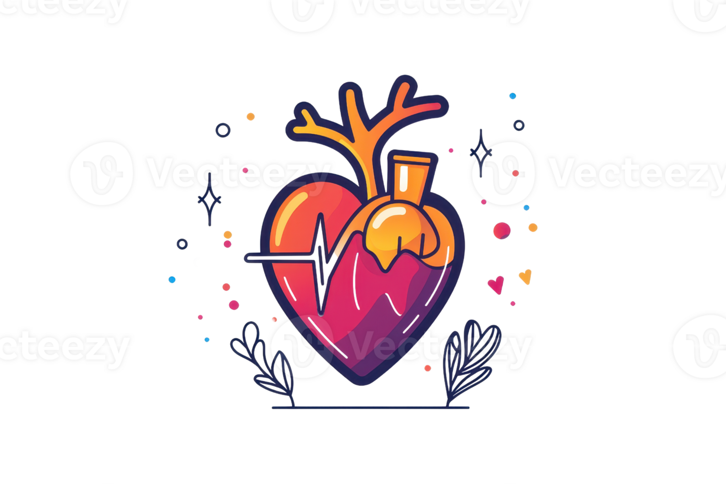A vibrant, stylized heart design featuring anatomical elements, a heartbeat line, and decorative motifs. png