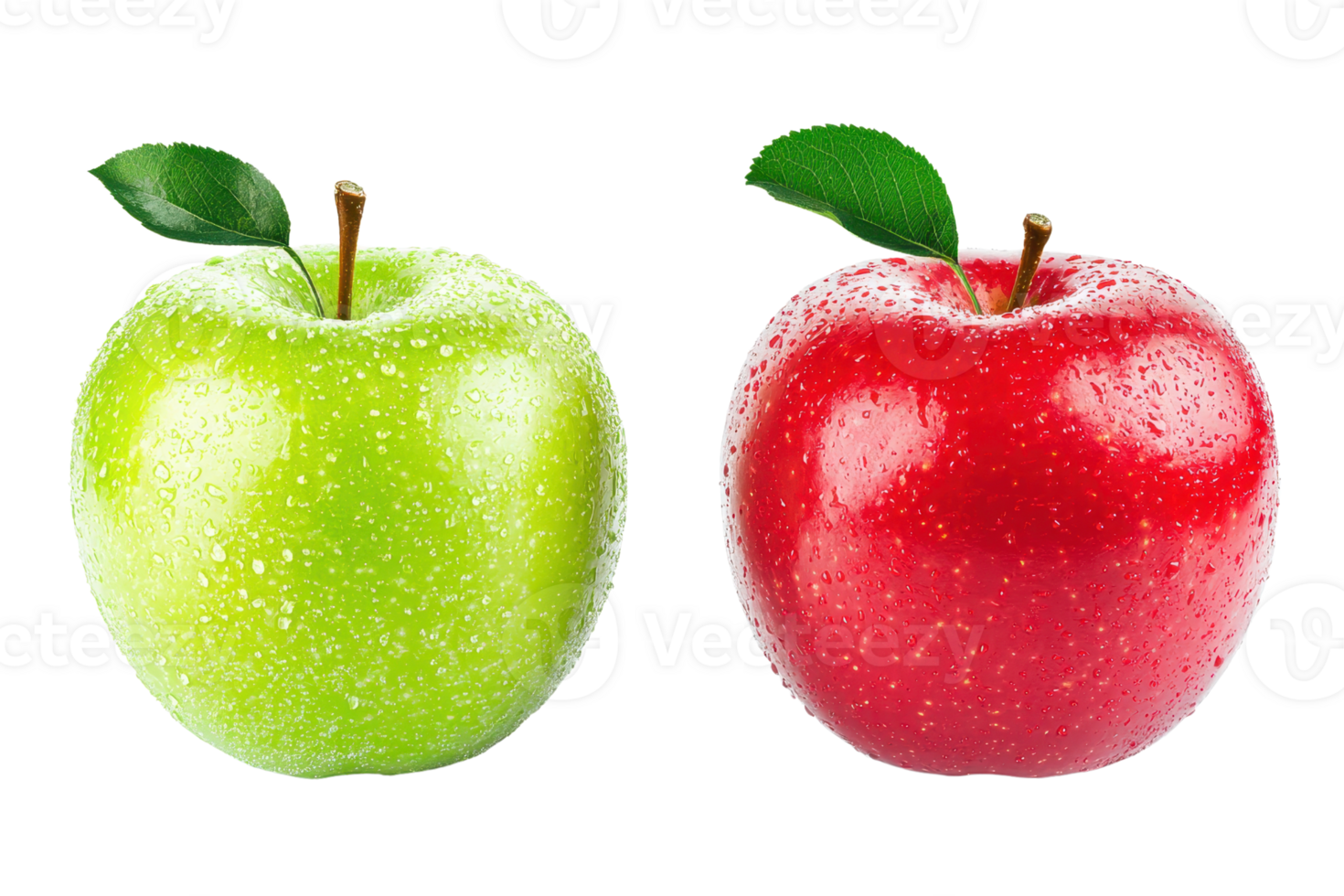 A vibrant green apple and a shiny red apple with leaves, showcasing their fresh, juicy appearance. png