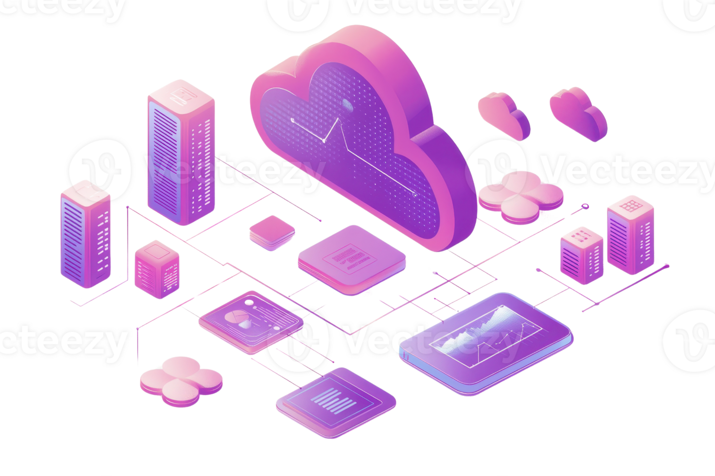 A colorful cloud-shaped object with various digital devices and icons representing data storage and management technologies. png