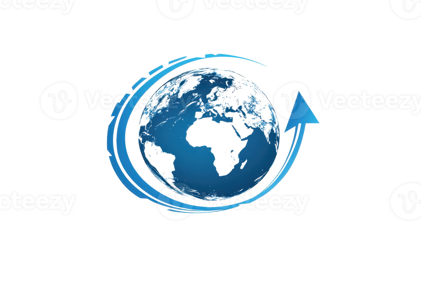 A stylized globe with an upward arrow symbolizing global movement and progress. png