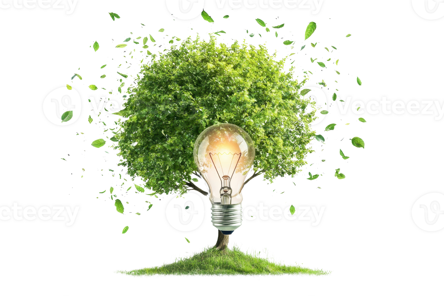 A light bulb emerges from a lush green tree, symbolizing eco-friendliness and innovation. png