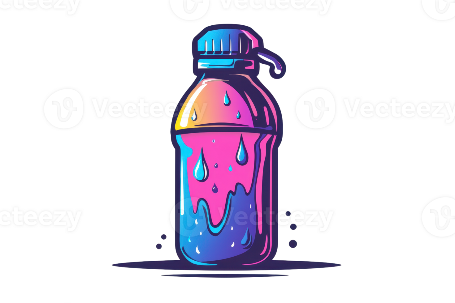 A vibrant, colorful water bottle with a dripping effect, displaying shades of pink, blue, and yellow. png
