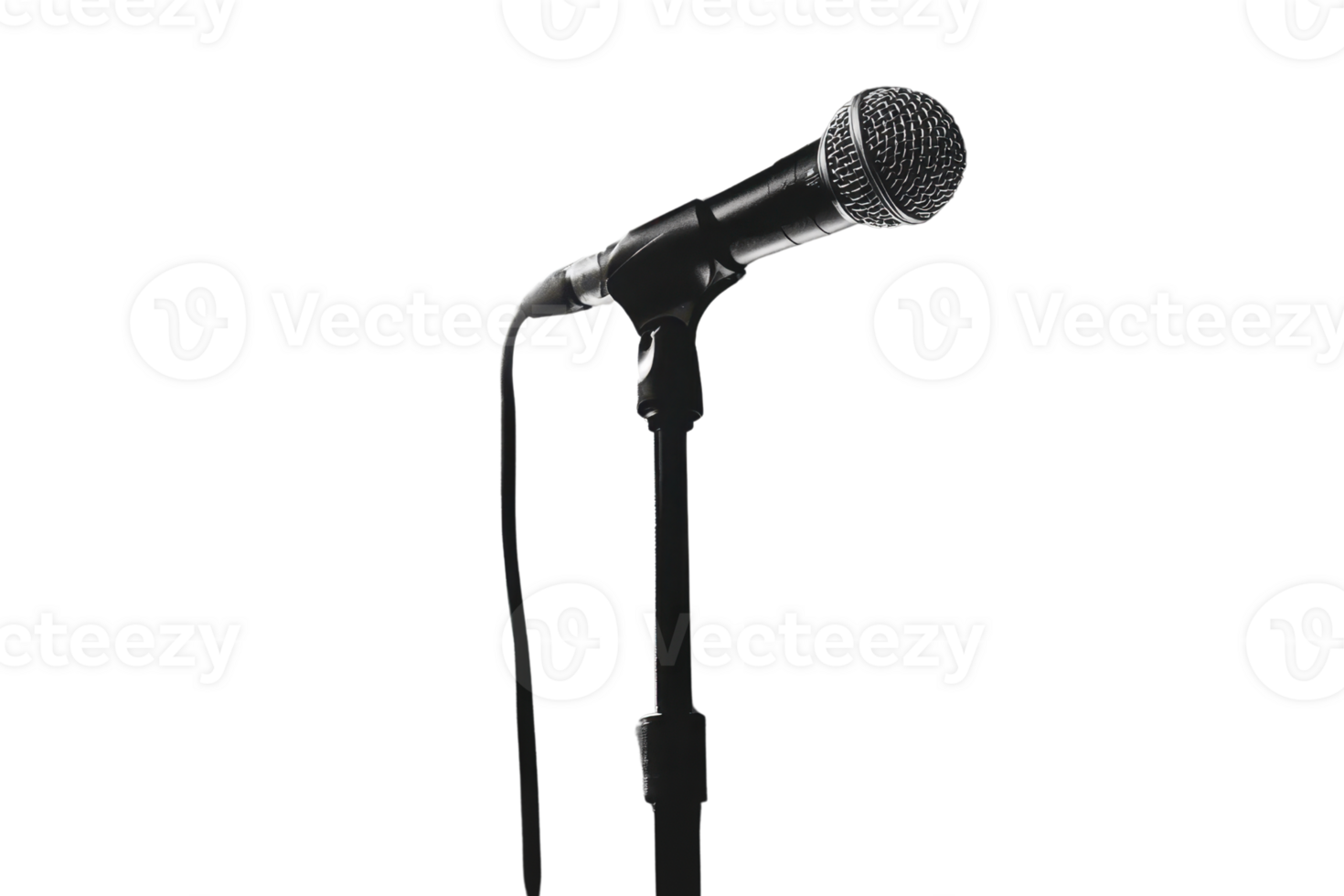 A sleek, black microphone mounted on a stand, ready for performance, showcasing a classic design perfect for singing or speaking. png