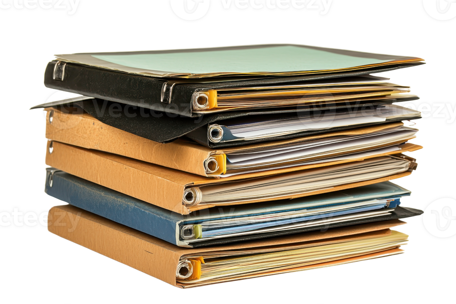 A stack of assorted folders containing various pages, showcasing a mix of colors and textures. png