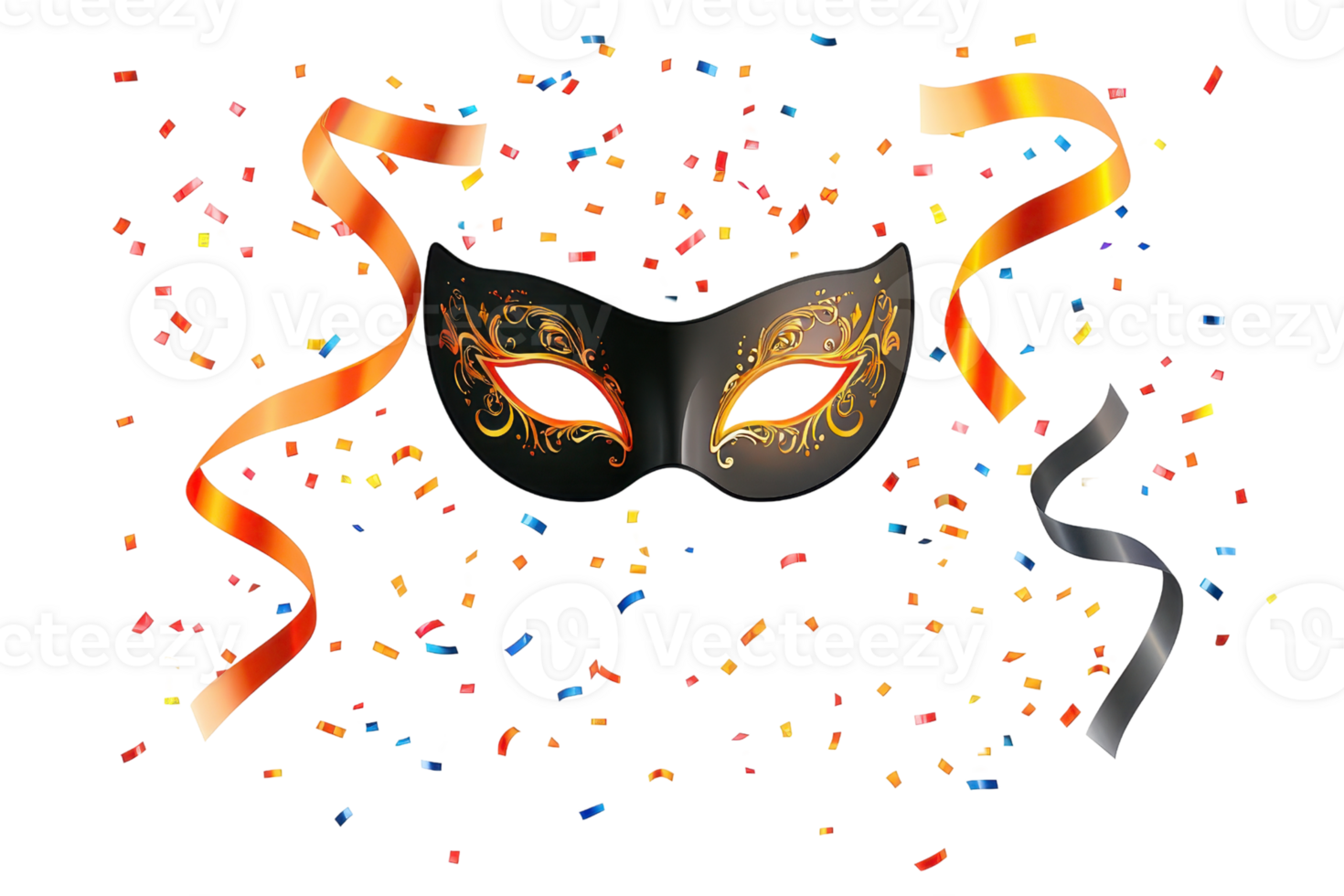 A decorative masquerade mask adorned with intricate designs, surrounded by colorful confetti and ribbons. png