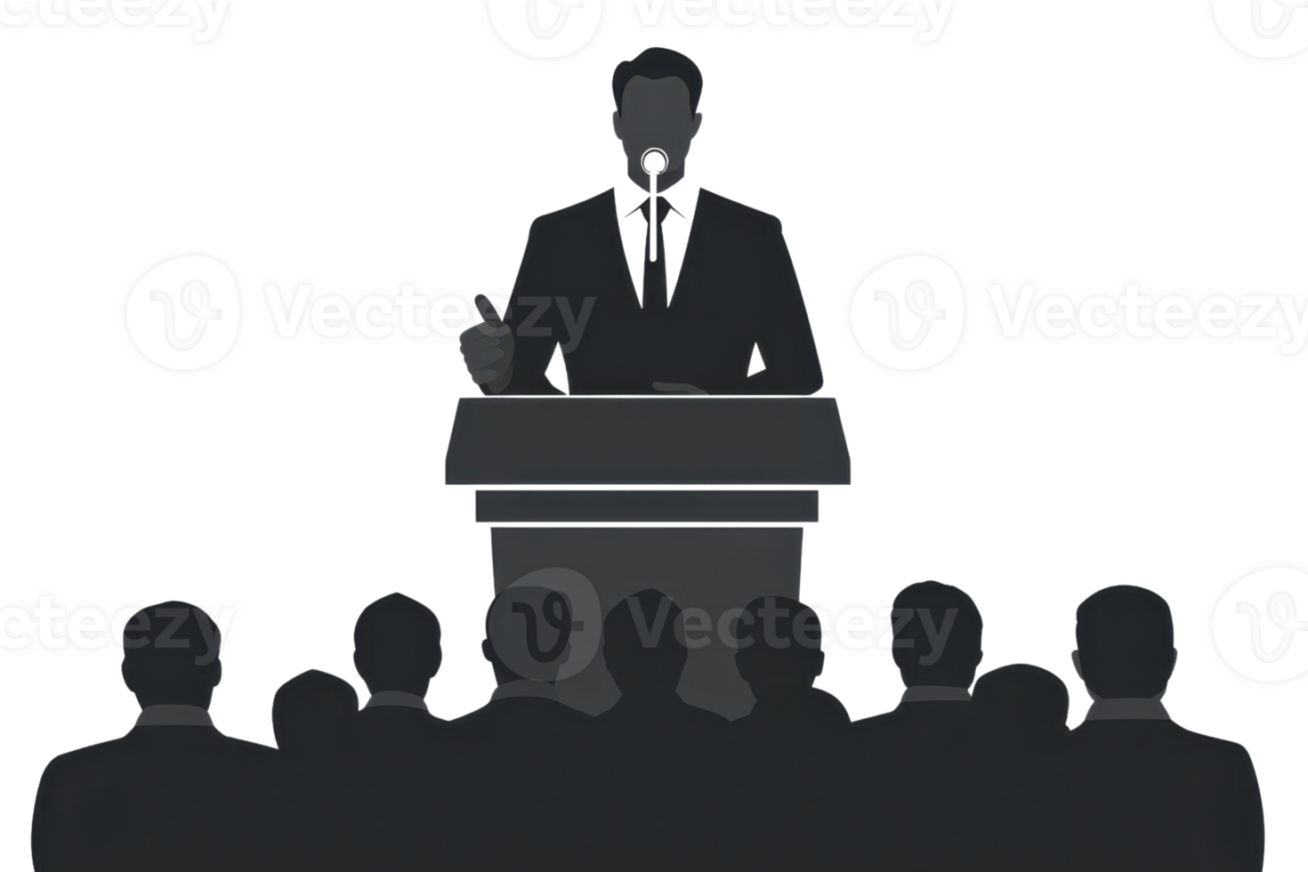A speaker stands at a podium delivering a speech to an audience, emphasizing communication and engagement. png