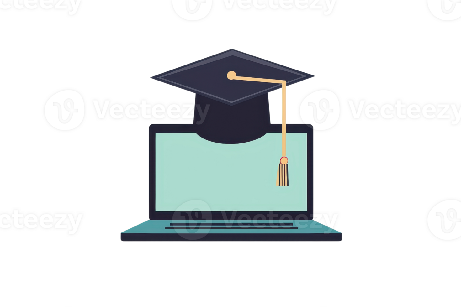 A laptop topped with a graduation cap symbolizes online education and academic achievement. png