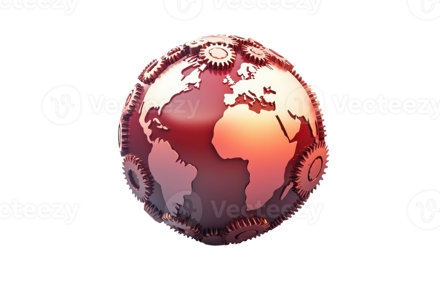 A stylized globe design featuring gears, symbolizing the integration of technology and the global economy. png
