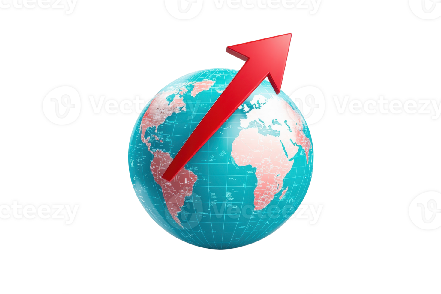 A globe with a prominent red arrow pointing upward, symbolizing growth or direction. png
