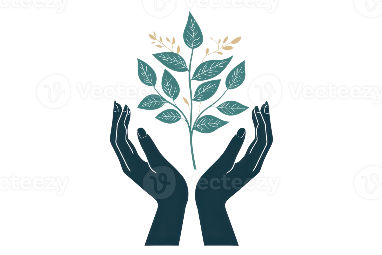 Two hands gently cradle a sprig of leaves, symbolizing care and nurturing in a harmonious design. png