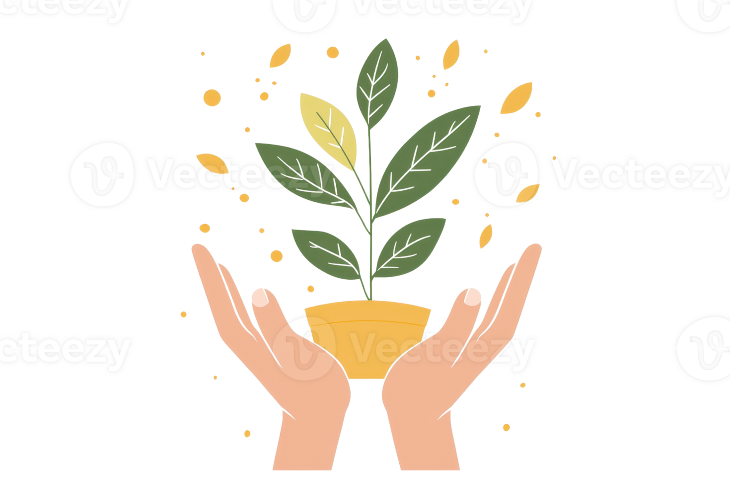 A pair of hands cradles a potted plant with lush green leaves and yellow accents, symbolizing growth and care. png