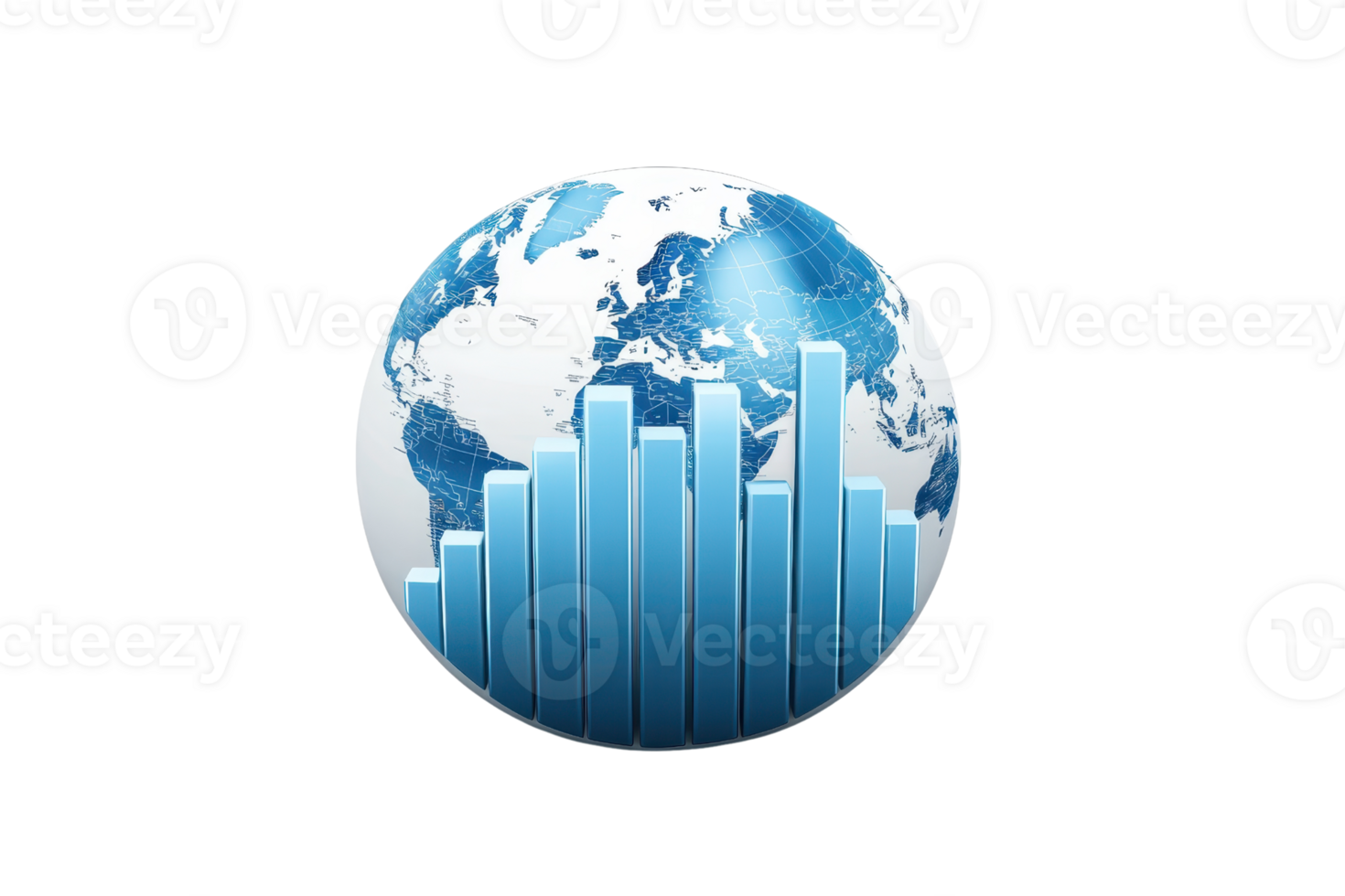 A globe with blue oceans and continents, overlaid with vertical bars representing data or growth. png