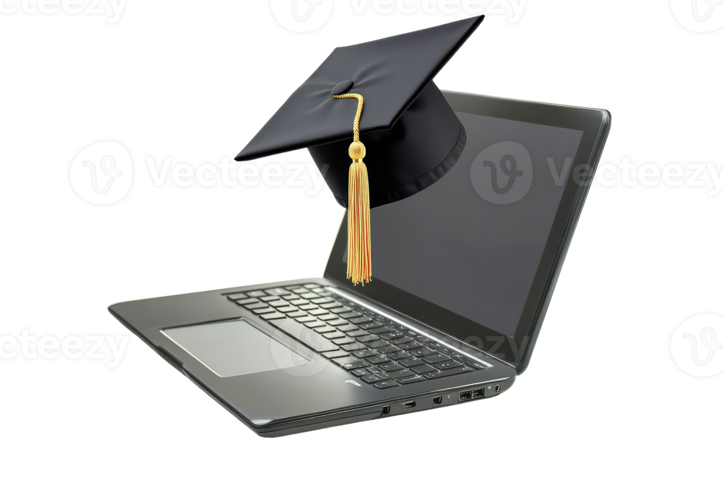 A laptop topped with a graduation cap, symbolizing academic achievement and the transition to digital learning environments. png