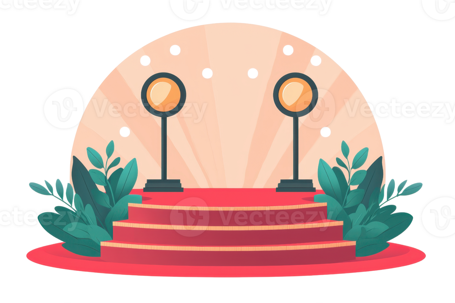 A vibrant stage featuring two spotlight stands, surrounded by lush foliage and decorated with red carpet steps. png