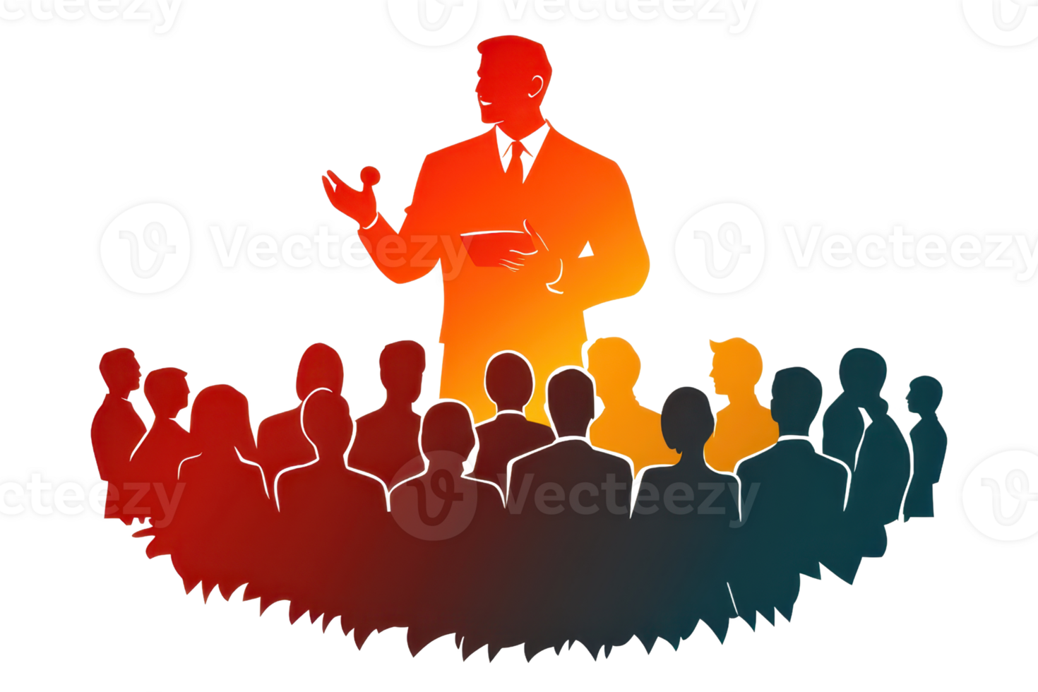 A figure in a suit gestures while addressing an audience, conveying leadership and engagement. png