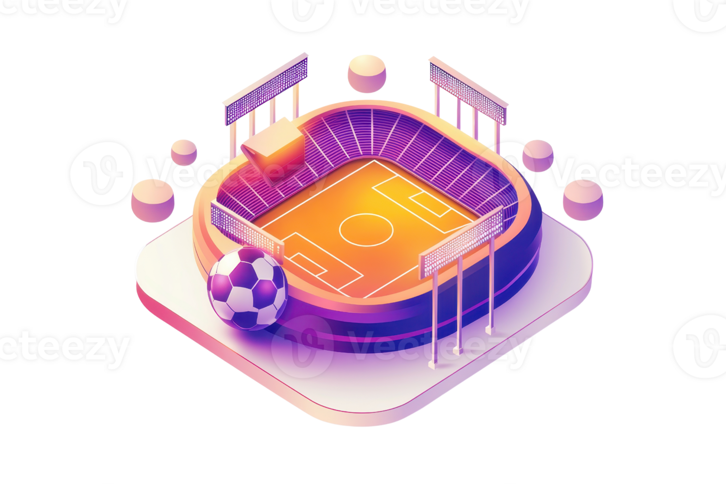 A vibrant, stylized soccer stadium featuring a central field, goalposts, and a distinctive ball. png