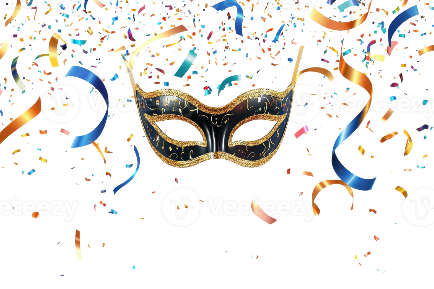 A decorative masquerade mask embellished with glitter and surrounded by colorful confetti and ribbons, suggesting a festive atmosphere. png