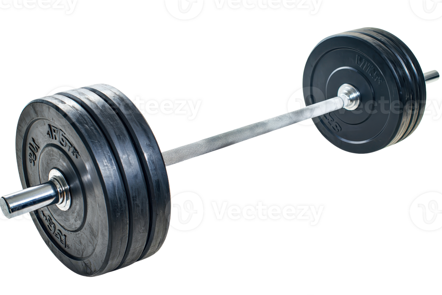 A heavy barbell loaded with black weight plates, designed for strength training and weightlifting exercises. png