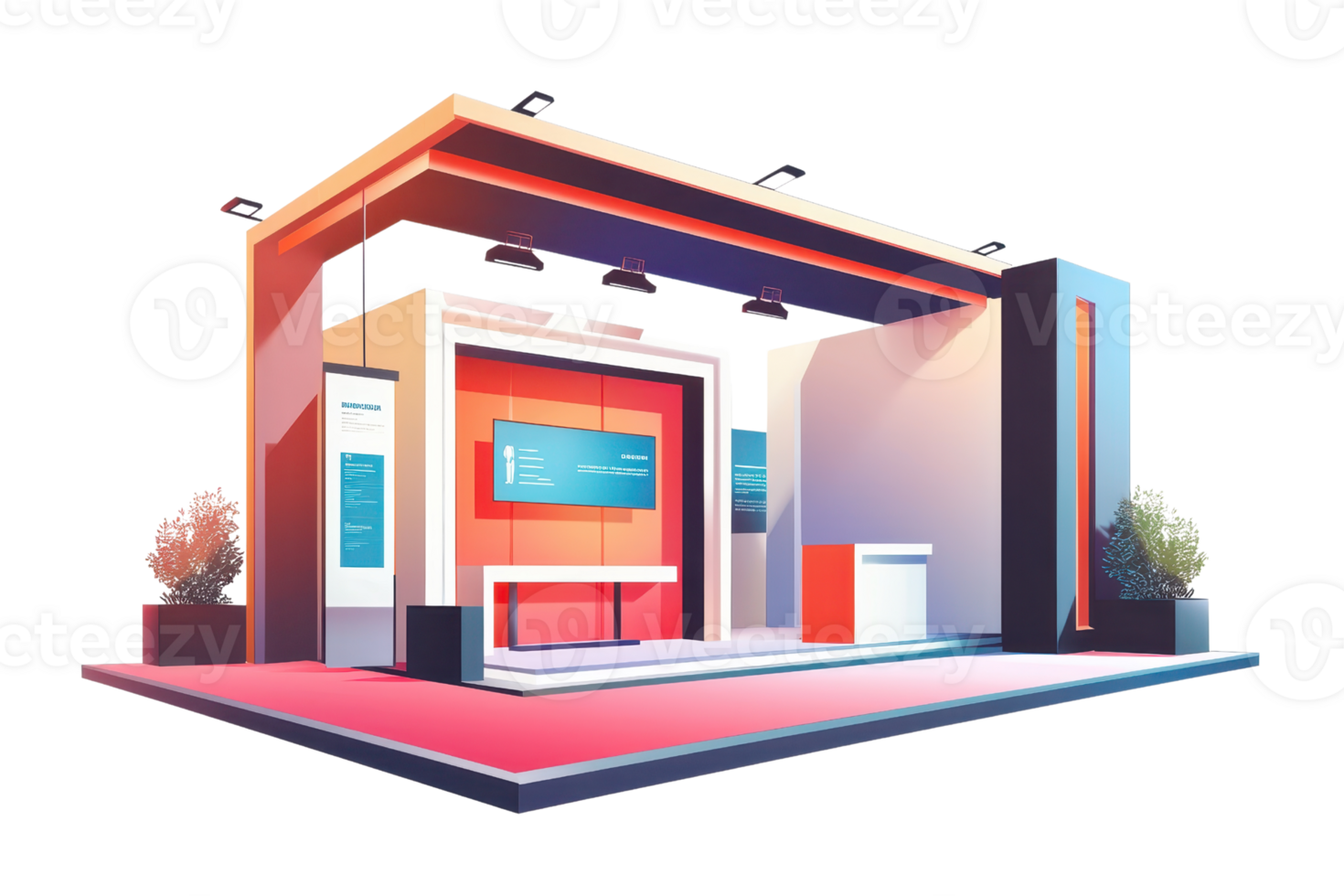 A modern exhibition booth featuring a sleek design, vibrant colors, and multiple display screens for showcasing products or services. png