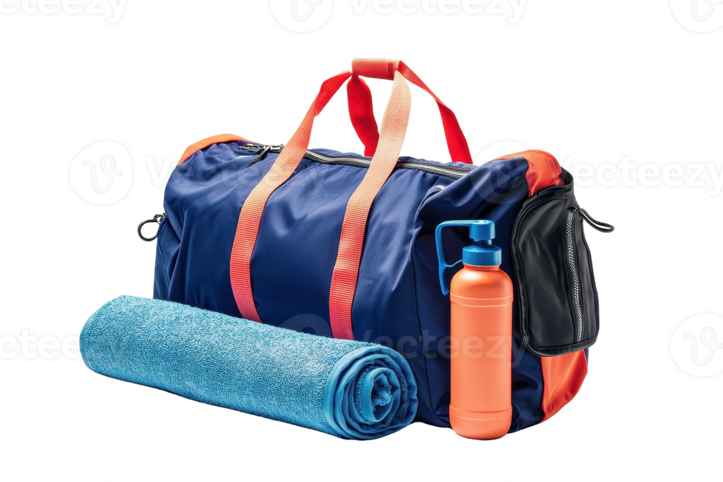 A sports bag with vibrant handles, accompanied by a rolled towel and a water bottle. png