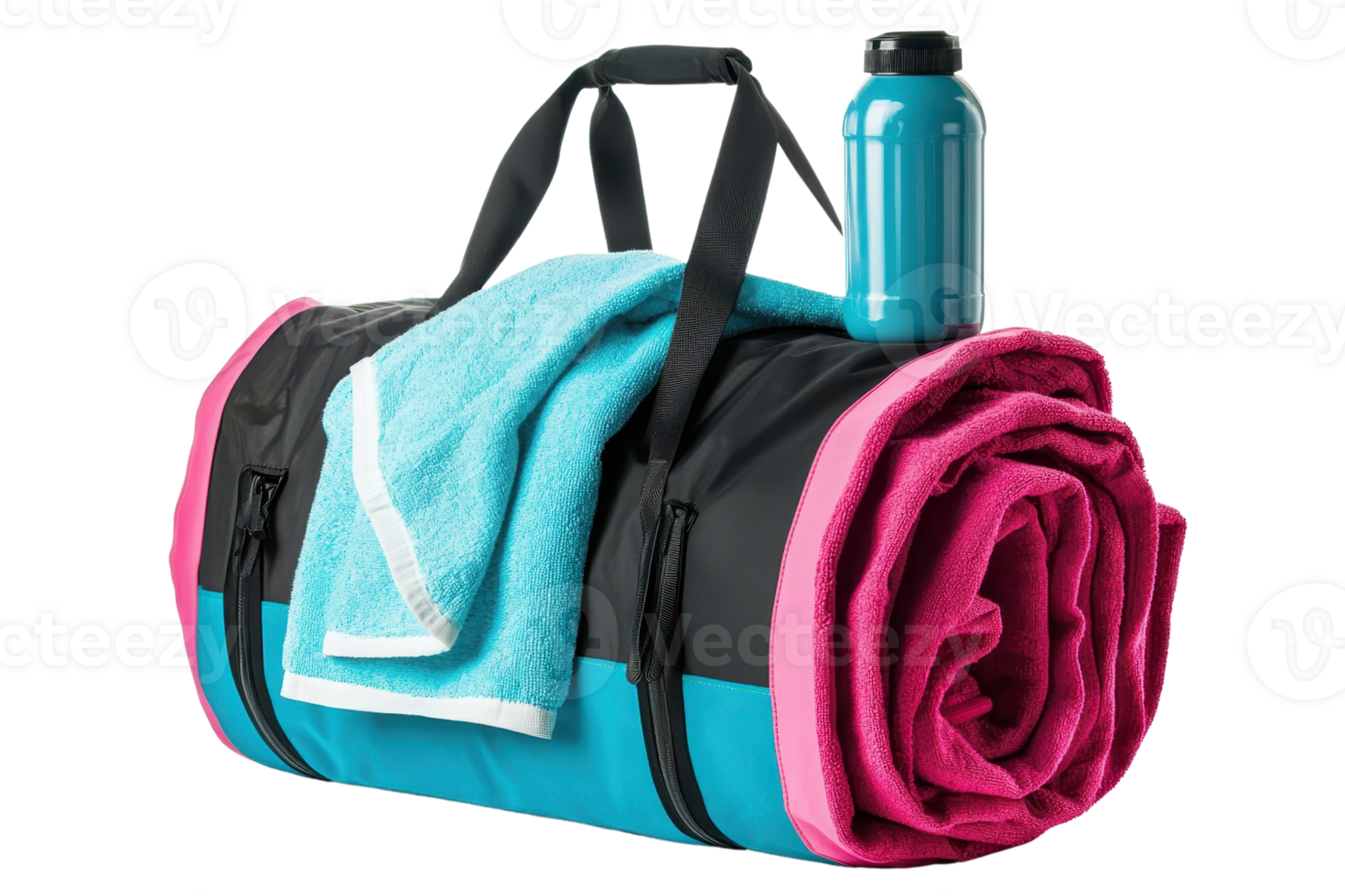 A vibrant gym bag lays rolled with a towel and a water bottle perched atop, showcasing its stylish design and functional elements. png