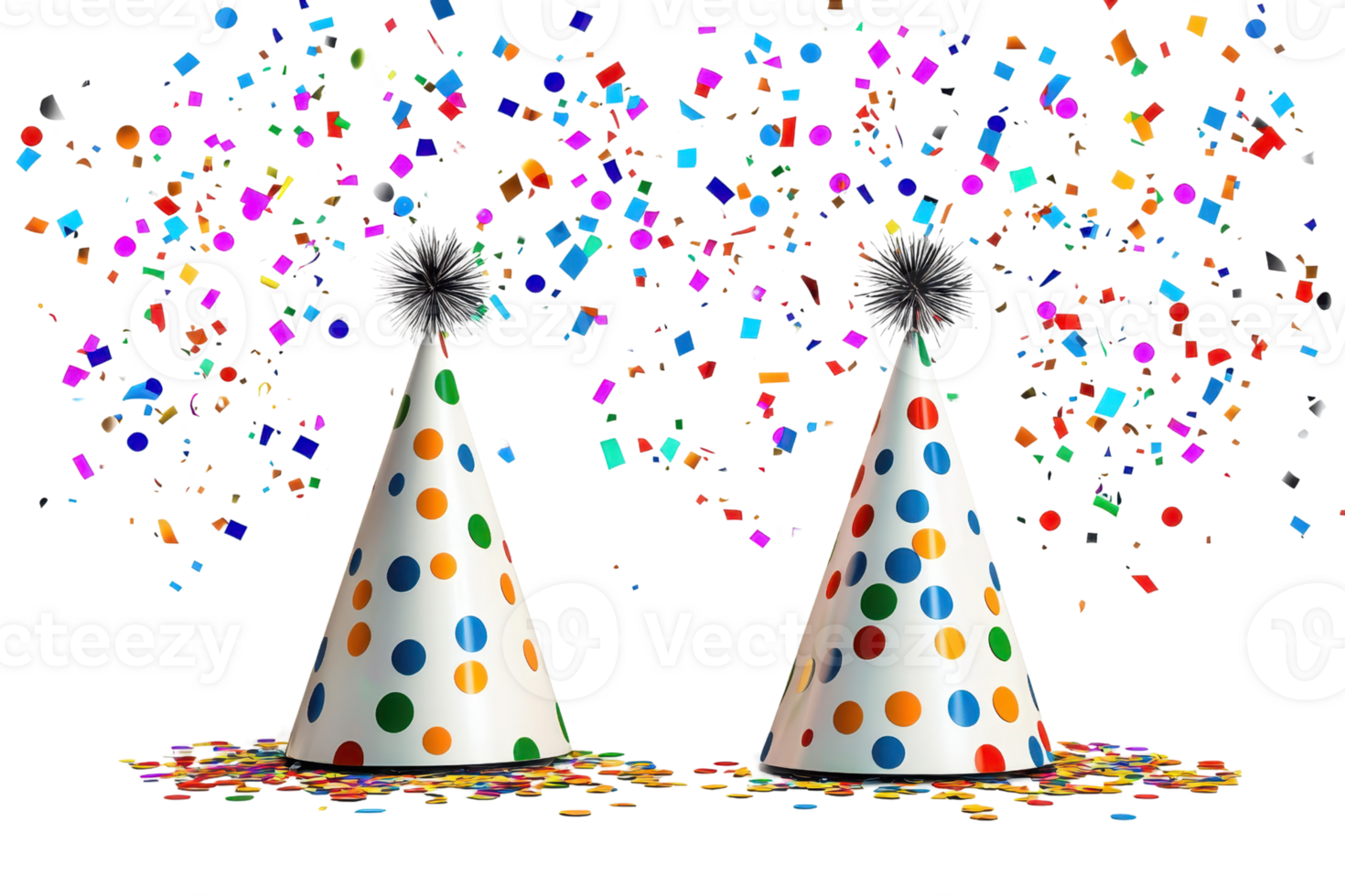 Two party hats with vibrant polka dots are displayed, surrounded by colorful confetti, creating a festive atmosphere. png