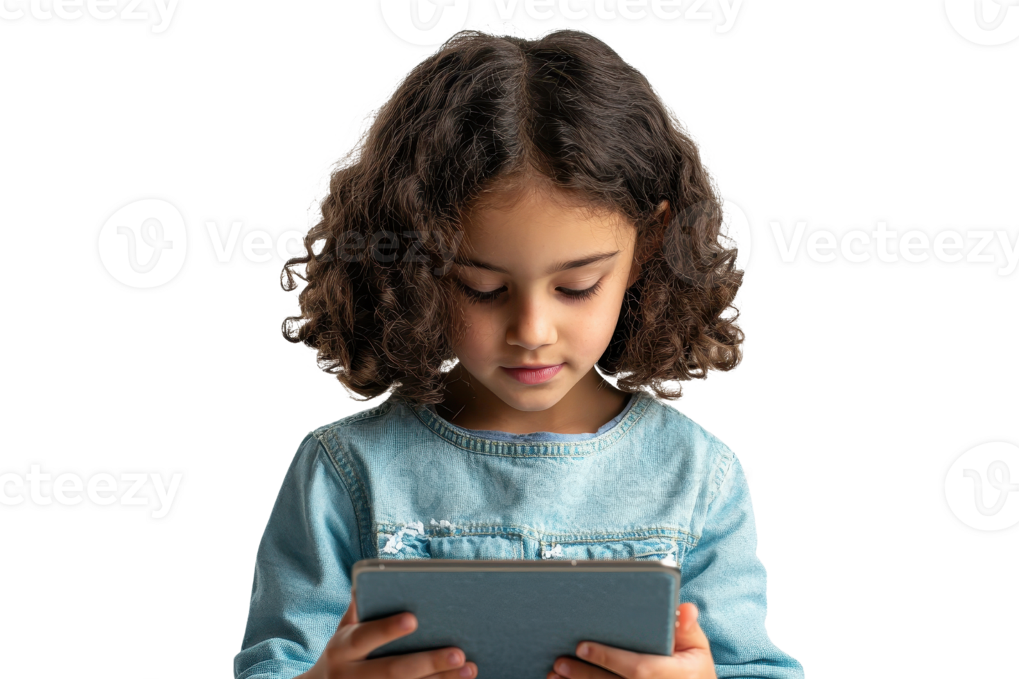 A young girl focused on a tablet, displaying curiosity and engagement while interacting with the screen. png