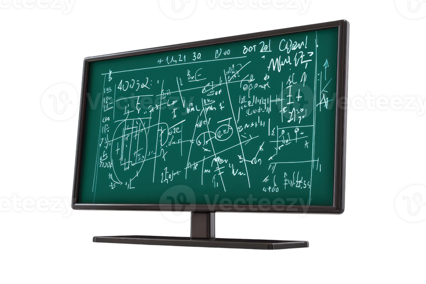 A digital display featuring complex mathematical equations and diagrams on a chalkboard-style background. png