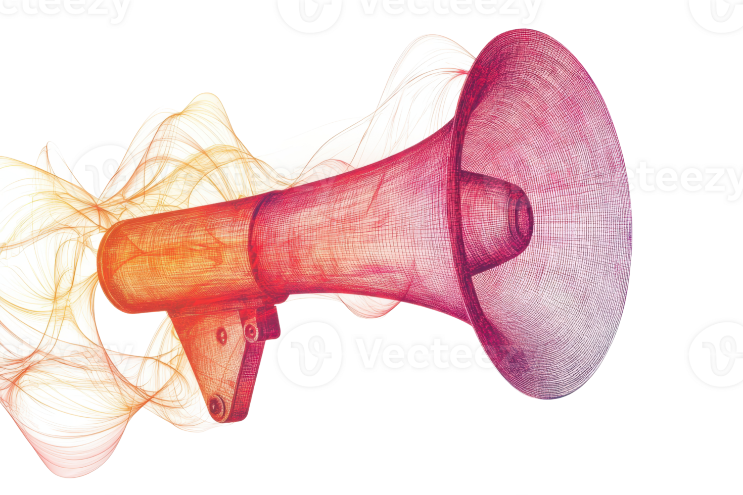 A colorful megaphone with dynamic wave patterns radiating outward, conveying a sense of sound and amplification. png