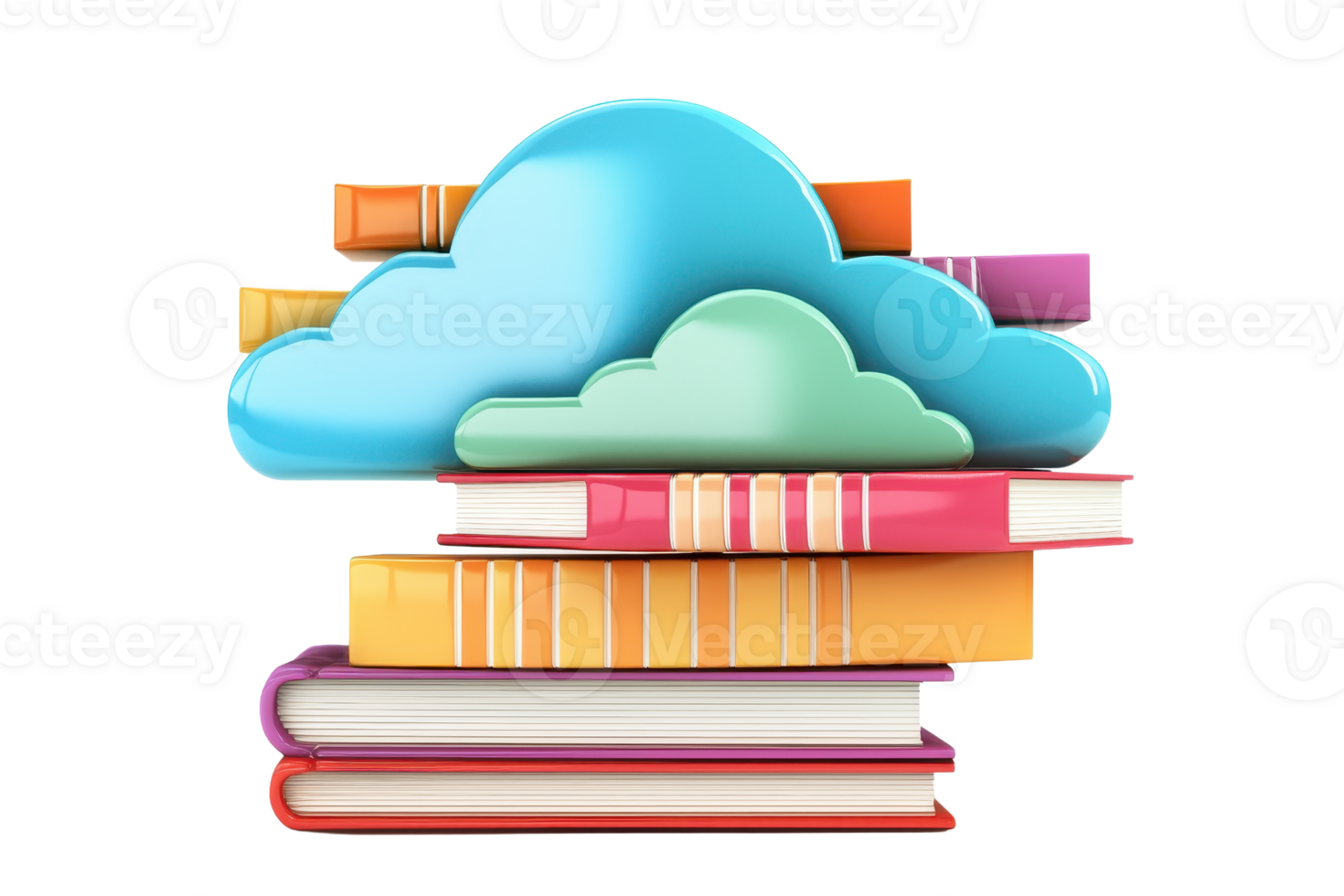 A colorful stack of books topped with stylized clouds, symbolizing the connection between literature and digital technology. png