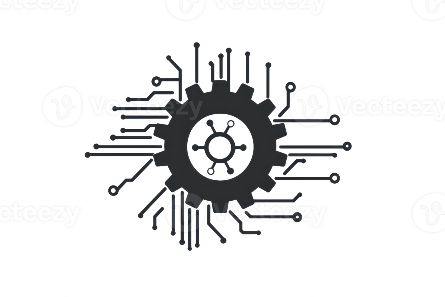 A stylized gear emblem with circuit lines radiating outward, symbolizing technology and innovation. png