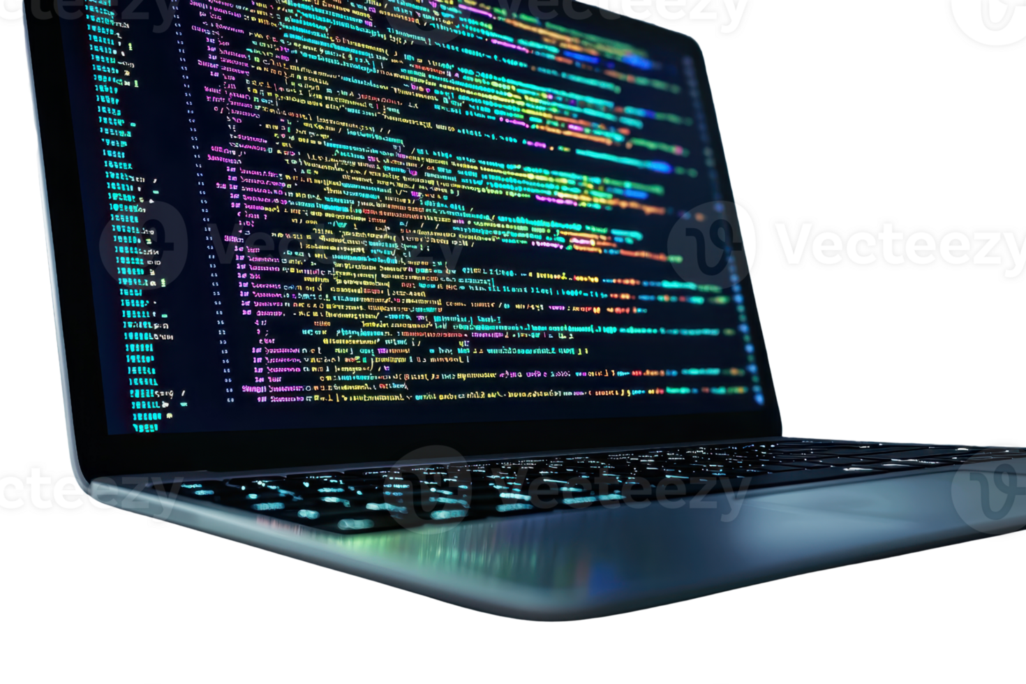 A sleek laptop displaying colorful lines of code on its screen. png