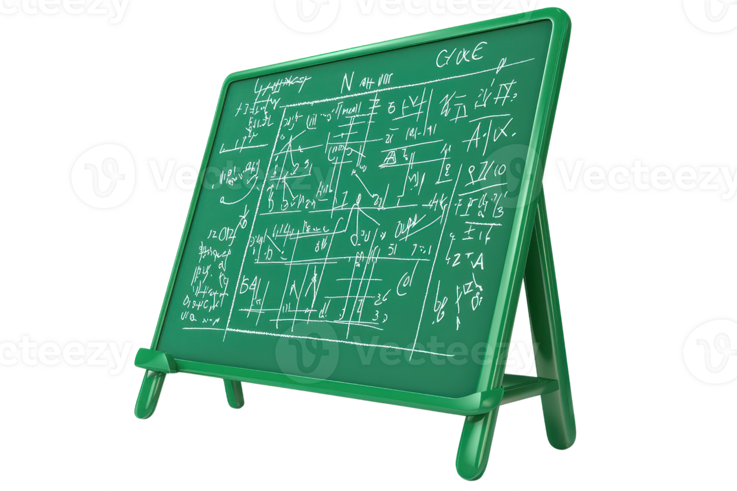 A green chalkboard displaying various mathematical equations and diagrams. png