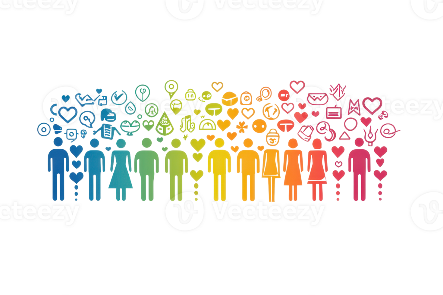 A colorful representation of diverse figures and icons symbolizing love, relationships, and various emotions. png