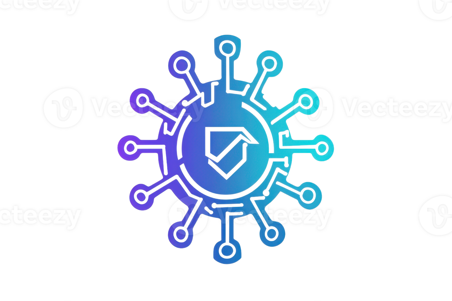 A stylized virus illustration featuring a shield symbol at the center, representing cybersecurity or protection against digital threats. png