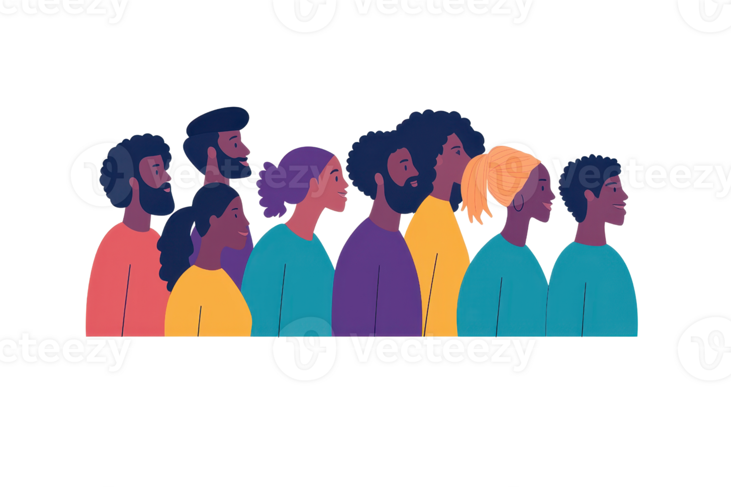 A diverse group of individuals, portrayed in profile, showcasing varied hairstyles and colors, representing unity and diversity. png
