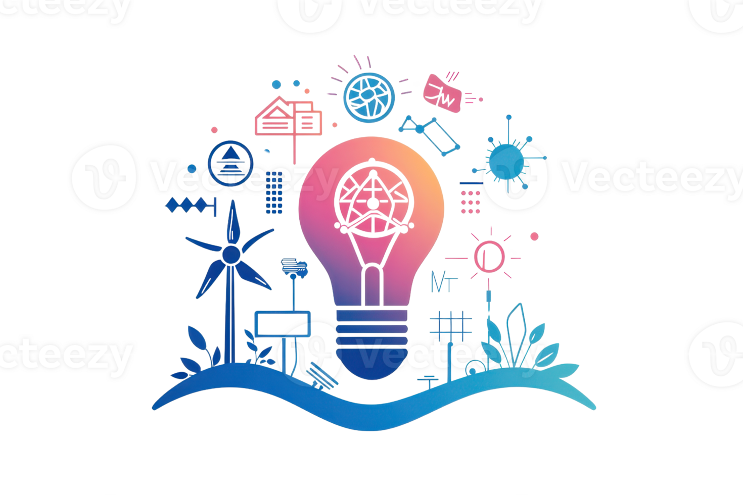 A vibrant light bulb design incorporating symbols of sustainable energy and technology. png